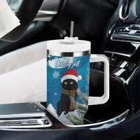 Blue Christmas tumbler with handle and straw lid featuring Merry Yule Cat artwork