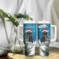 Pair of blue Christmas tumblers with handles and straw lids, cat holiday graphics