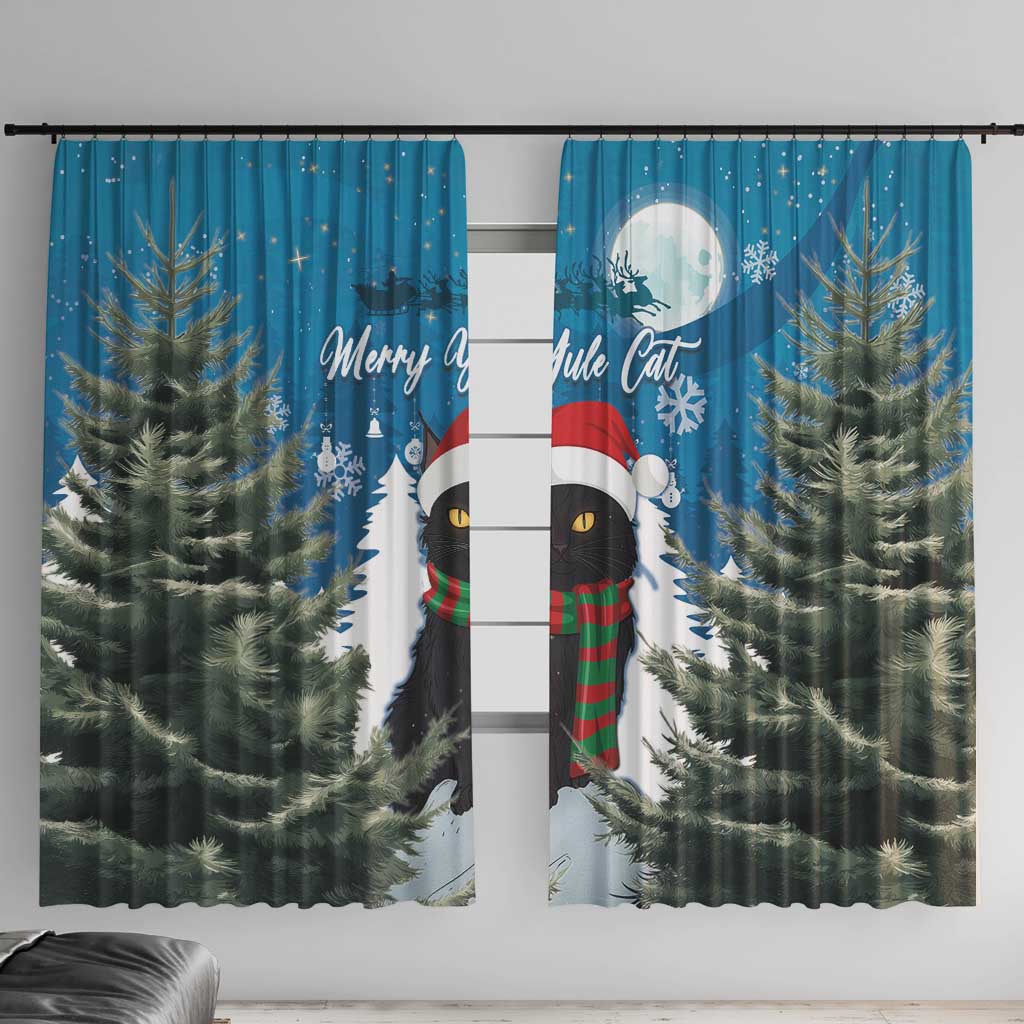 Blue window curtain pair with black cat, Santa hat, pine trees, and snowflake pattern