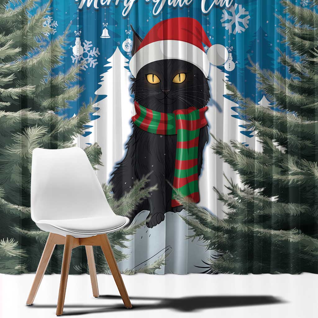Close-up blue window curtain panel with black cat face, Santa hat, scarf, and pine trees