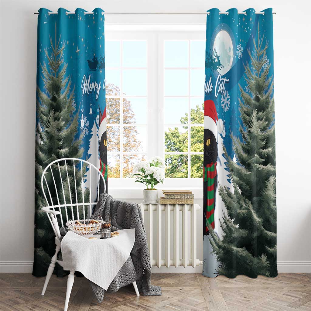 Blue window curtain pair with black cat design, pine trees, and Merry Yule text