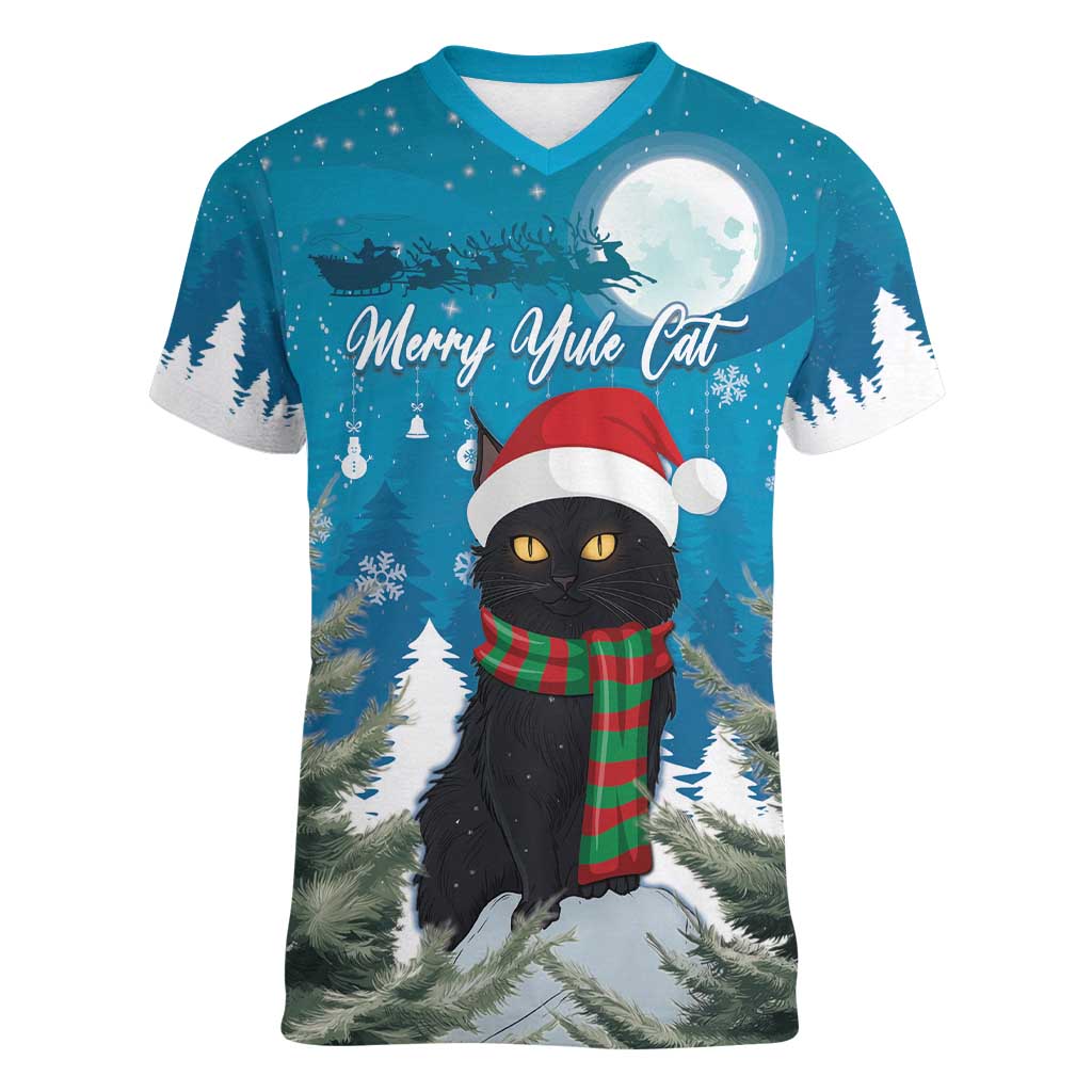 Iceland Christmas Women V-Neck T-Shirt Merry Yule Cat