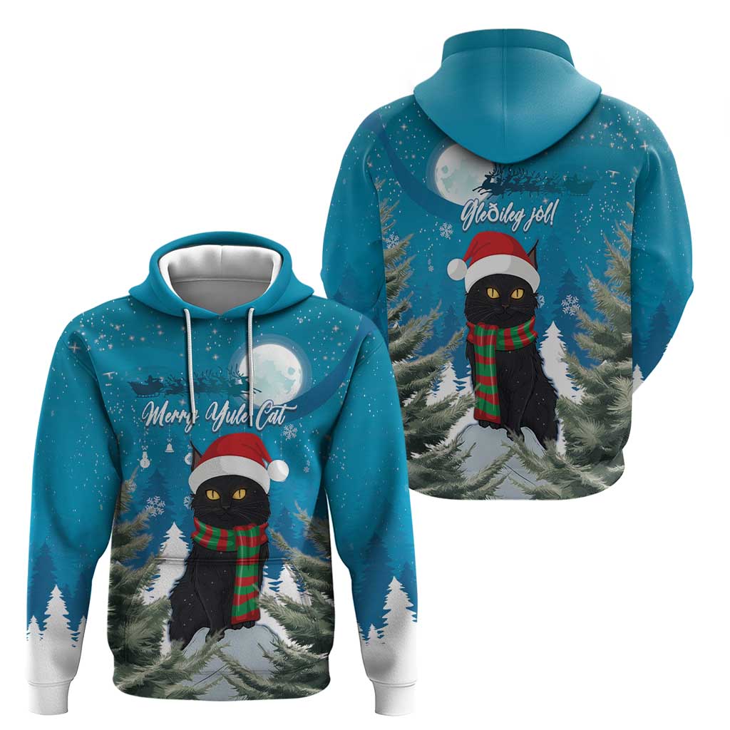 Two teal zip hoodies shown together, each with black cat Santa-hat graphic and red-green scarf
