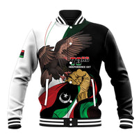 Unisex baseball jacket with eagle graphic, Libya flag accents, striped ribbed collar