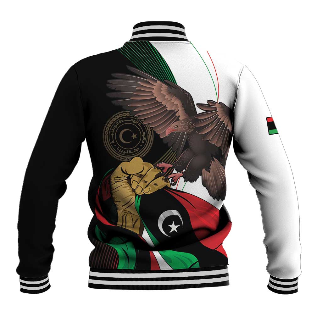 Unisex baseball jacket back view with eagle-and-flag artwork and striped ribbed cuffs