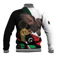 Unisex baseball jacket back view with eagle-and-flag artwork and striped ribbed cuffs