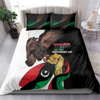 Bedding set with black front, Libyan flag eagle artwork, and 73rd Independence Day text; pillows