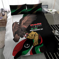 Bedding set close-up with black duvet showing eagle, Libyan flag, and 73rd Independence Day text