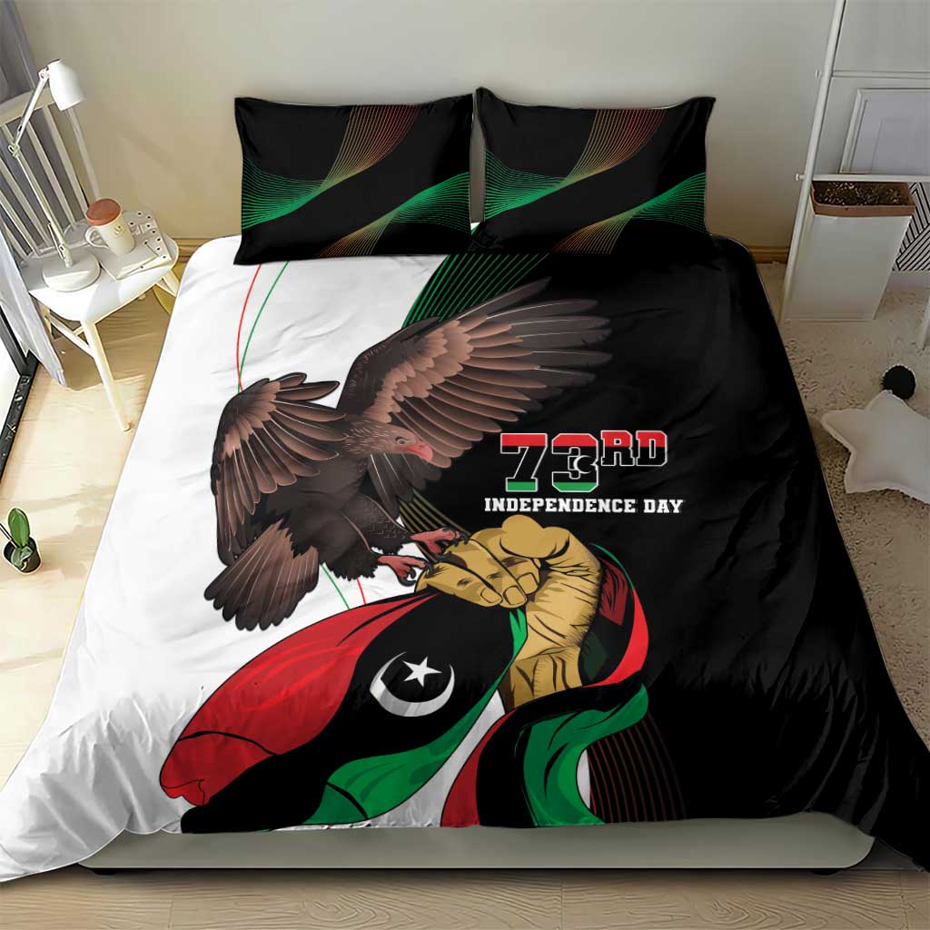 Bedding set with black duvet and matching pillowcases featuring eagle over Libyan flag; 73rd print