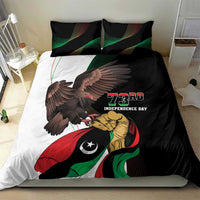 Bedding set with black duvet and matching pillowcases featuring eagle over Libyan flag; 73rd print
