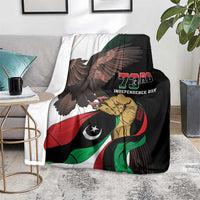 Black 73rd Independence Day blanket with eagle wing and soldier holding flag graphic