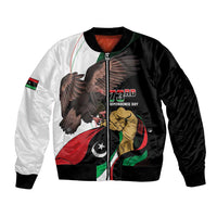 Unisex bomber jacket with black and white panels, front zip, ribbed cuffs, graphic front