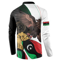 Black and white button sweatshirt back view with eagle and circular emblem graphic