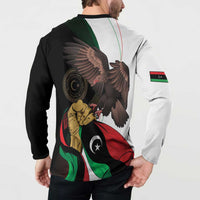 Black and white button sweatshirt back view with eagle and Libya flag artwork