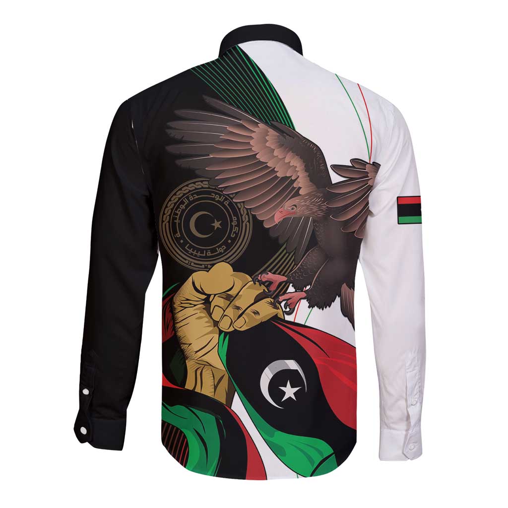 Long-sleeve button shirt with black and white back eagle and circular independence graphic