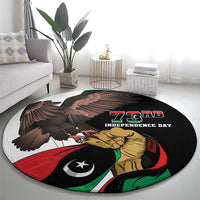 Black round Independence Day carpet with eagle wings and 73rd logo centerpiece