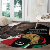 Black round Independence Day carpet with eagle and 73rd graphic at center
