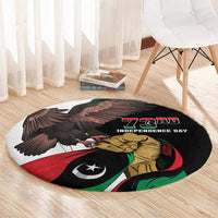 Black round carpet with eagle and 73rd Independence Day print on floor