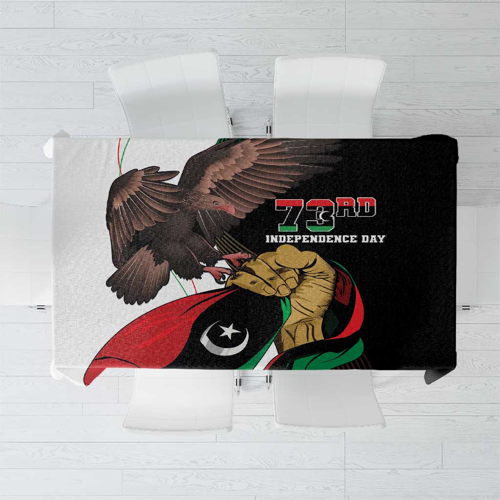 Black tablecloth with Independence Day eagle graphic and colorful flag design