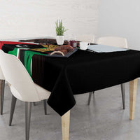 Black tablecloth on dining table with Independence Day eagle and tricolor accents