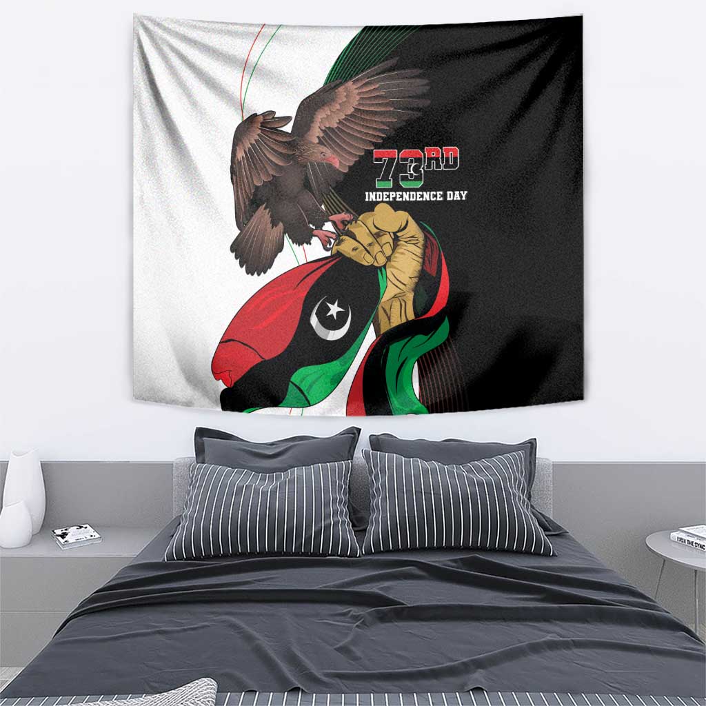 Libya Independence Day tapestry showing eagle over Libya emblem and 73rd text