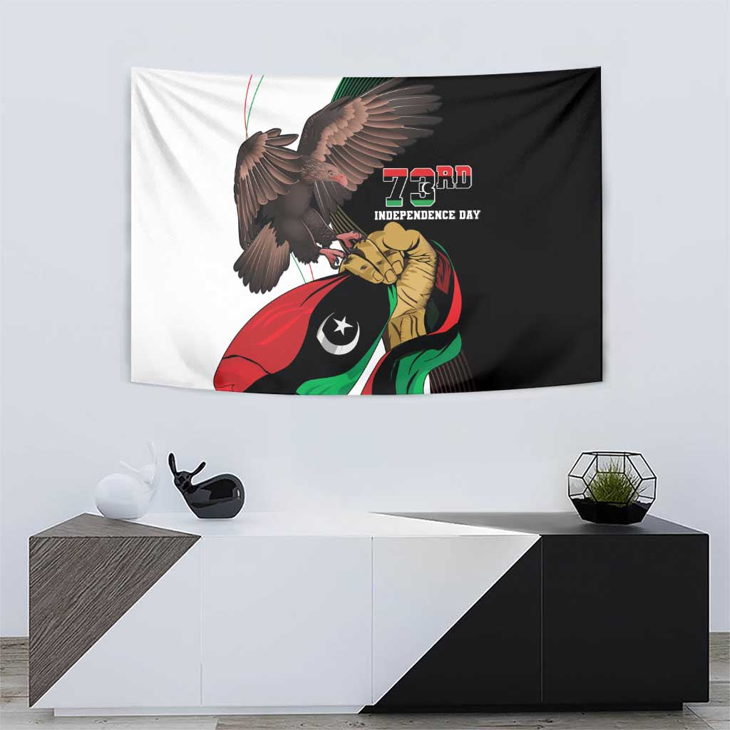 Rectangular tapestry with eagle, Libya emblem, and 73rd Independence Day lettering
