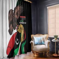 Black and white window curtains with 73rd Independence Day eagle flag graphic on rod