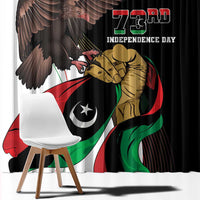 Black window curtain with 73rd Independence Day emblem and flag eagle graphic