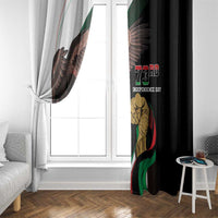 Window curtain with 73rd Independence Day eagle flag graphic, tied at the side