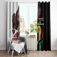 Black window curtain and light panel with 73rd Independence Day design on grommets