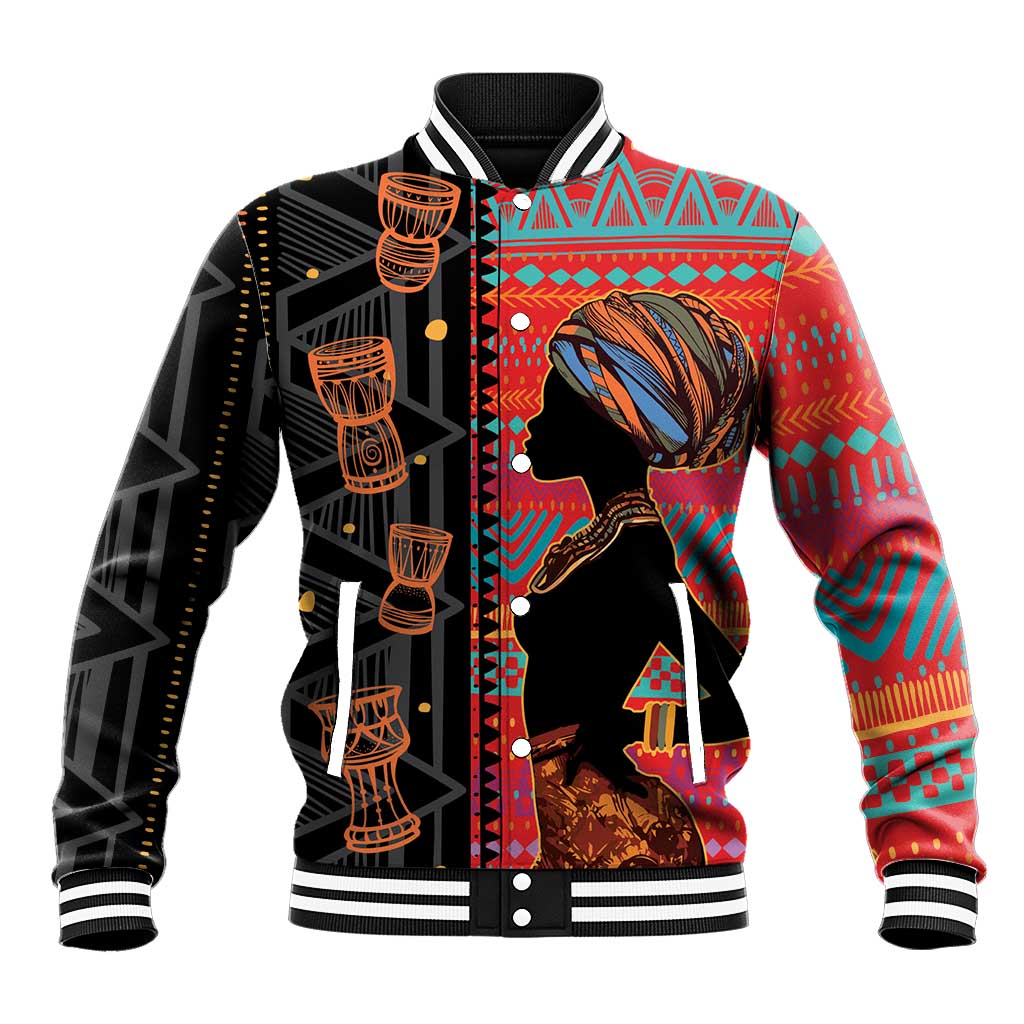 Unisex baseball jacket with red, black, teal ethnic pattern and woman silhouette