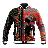 Unisex baseball jacket with red, black, teal ethnic pattern and woman silhouette