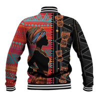 Unisex baseball jacket, striped collar, red/teal/black ethnic print with woman profile