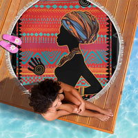 Round beach blanket with tasseled edge, graphic African woman silhouette on red ethnic pattern