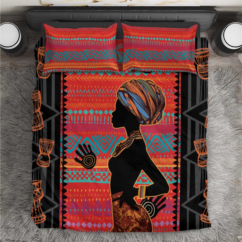 Red ethnic-pattern bedding set with woman silhouette and geometric motifs, two pillow covers