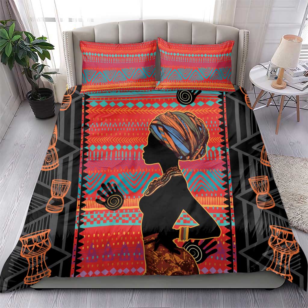 Red ethnic-pattern duvet bedding set with woman silhouette, 2 matching pillow covers