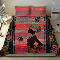 Red ethnic-pattern bedding set featuring woman silhouette and multicolor aztec-style blocks