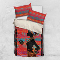 Red ethnic-pattern duvet and pillow set with woman silhouette and geometric border accents