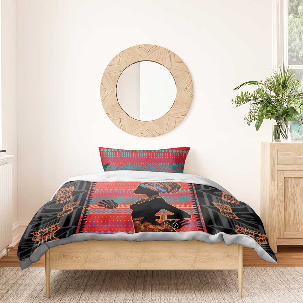 Red ethnic-pattern bedding set with woman silhouette duvet and one red patterned pillow