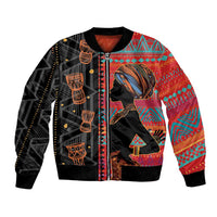 Red and black bomber jacket with multicolor African ethnic pattern, zip front, ribbed cuffs