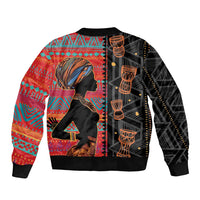 Multicolor African ethnic patterned bomber jacket with lady profile graphic, zip front, ribbed cuffs