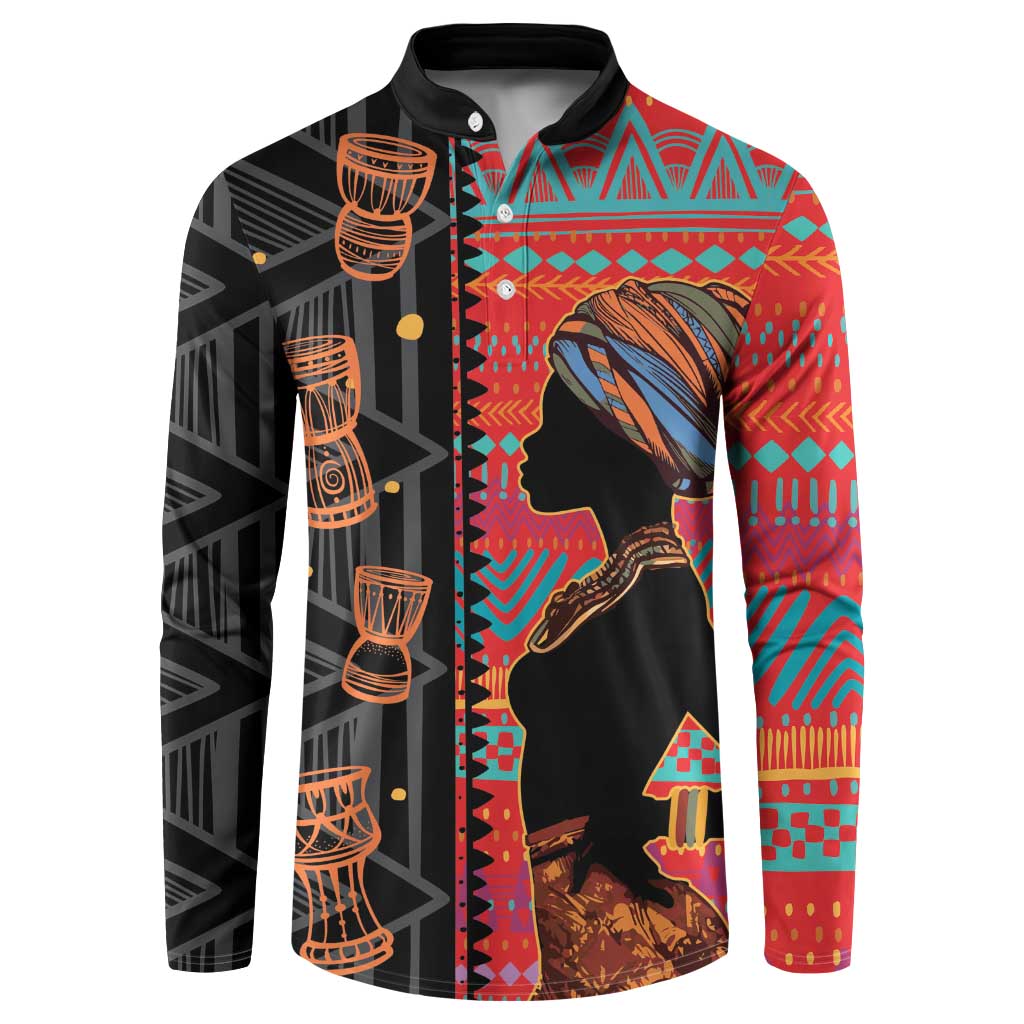 Colorful ethnic print button sweatshirt with portrait graphic, long sleeves on black base
