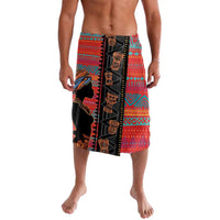 Women's lava lava wrap skirt, red with black panel and colorful ethnic geometric print
