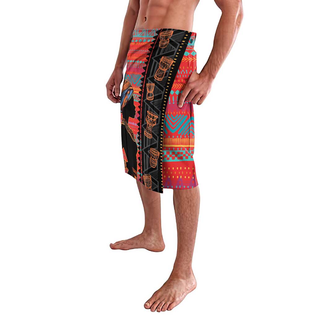 Women's lava lava wrap skirt in red with teal orange patterns, side slit and black trim