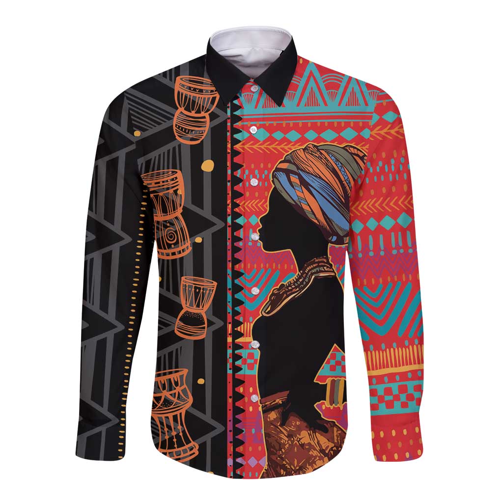 Long-sleeve button shirt with red, teal, and black African ethnic portrait pattern