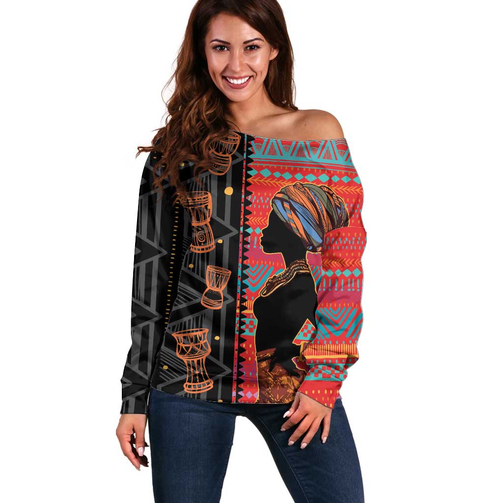 Happy International Women's Day Off Shoulder Sweater African Women With Ethnic Pattern