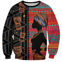 Ethnic pattern sweatshirt with red, black, and teal tribal portrait print, crew neck