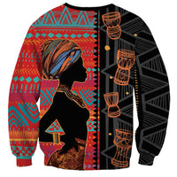 Ethnic sweatshirt with tribal side portrait, red and teal geometric bands, crew neck