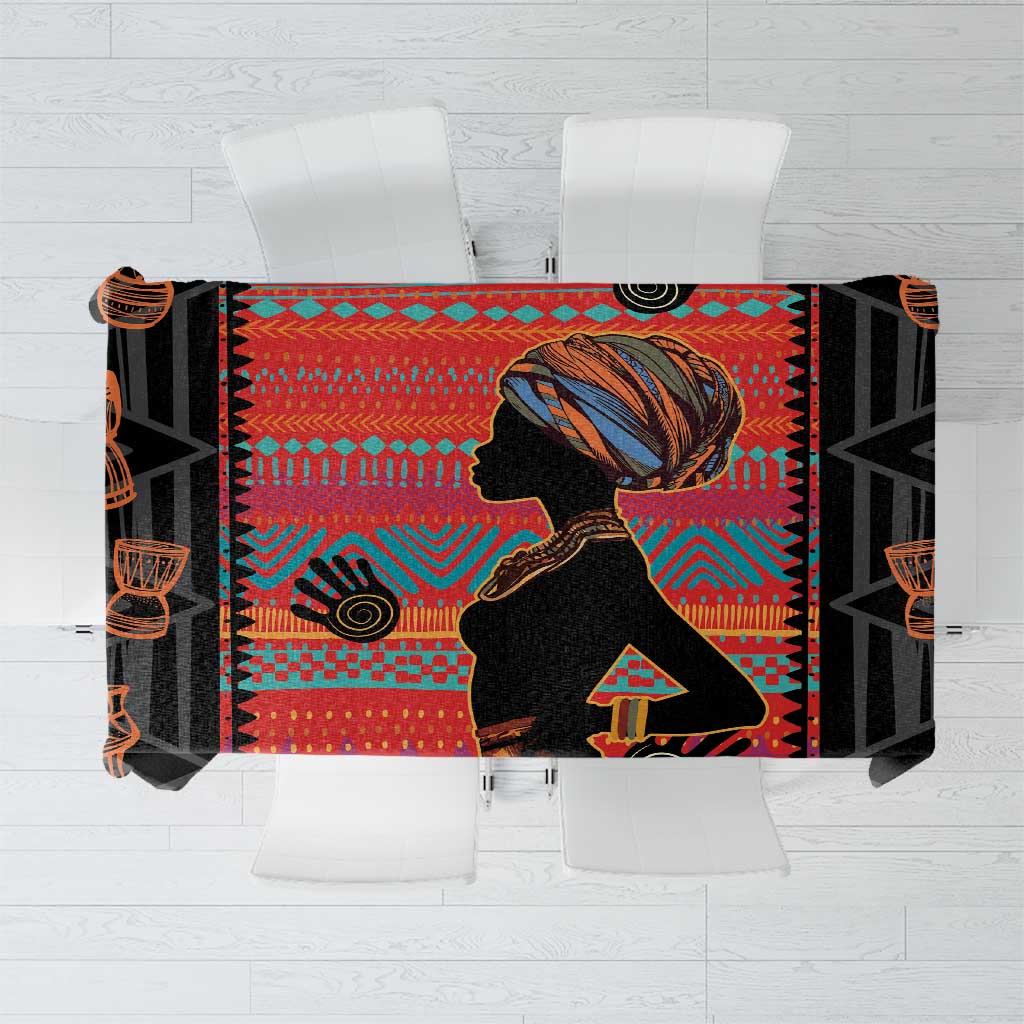 African women tablecloth with red and black tribal pattern, woman silhouette at center