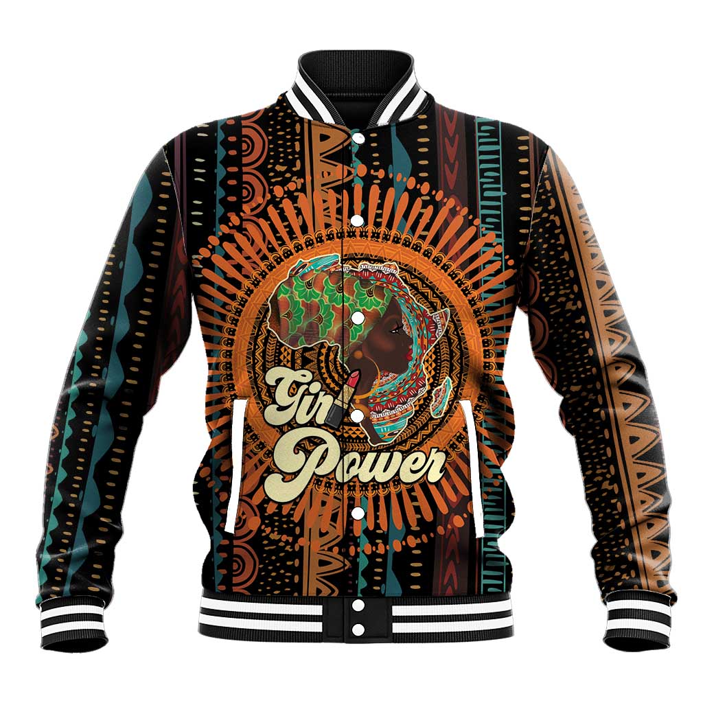 Unisex black baseball jacket with ribbed striped collar and front graphic panel